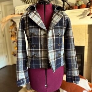 Abercrombie‎ & Fitch Navy Blue Plaid Double Breasted Wool Coat Jacket size S EUC